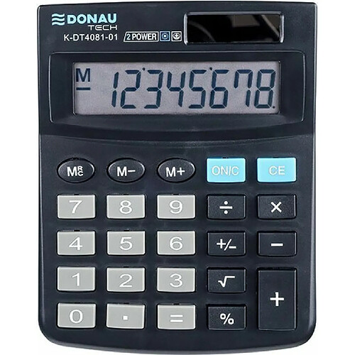 Calculatrice de bureau DONAU TECH/ K-DT4081-01 fonction racine à 8 chiffres/ 134x104x17mm/ couleur: noir/ calculatrice avec affichage à 8 chiffres/ double alimentation solaire - fonctionnement sur batterie/ design compact