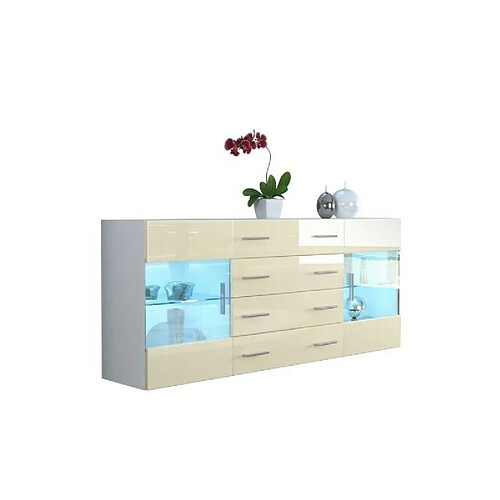 Mpc Buffet Design Blanc Mat Et Crème Laqué Avec LED Bleu 166 X 72 X 35 Cm