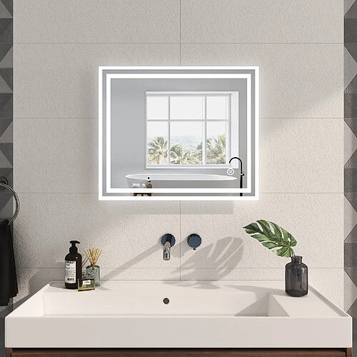 EMKE Miroir lumineux de salle de bain 60x50cm, Miroir de salle de bain avec Interrupteur Tactile, Anti-buée, Dimmable, Miroir LED avec Lumière Blanche Froide