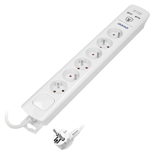 ORNO AE-13163/3M Multiprise Electrique avec Parafoudre à 6 Prises Câble de 3 m Interrupteur et 2 Ports USB (Blanc)