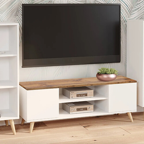 Alter Meuble TV avec 2 portes et 1 étagère centrale, Buffet avec pieds, Buffet de salon style scandinave, cm 155x40h49, Couleur Blanc et plateau couleur Érable