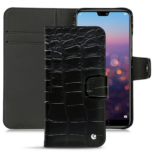 Housse cuir Huawei P20 - Rabat portefeuille - Crocodile nero ( Noir / Black) - NOREVE