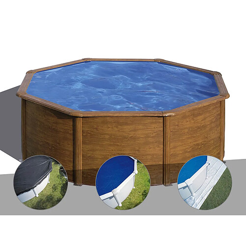 Kit piscine acier aspect bois Gré Pacific ronde 3,70 x 1,22 m + Bâche d'hivernage + Bâche à bulles + Tapis de sol