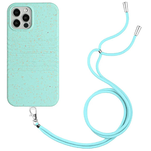 Coque en TPU + paille de blé entièrement biodégradable avec sangle pour votre iPhone 13 Pro Max 6.7 pouces - bleu ciel