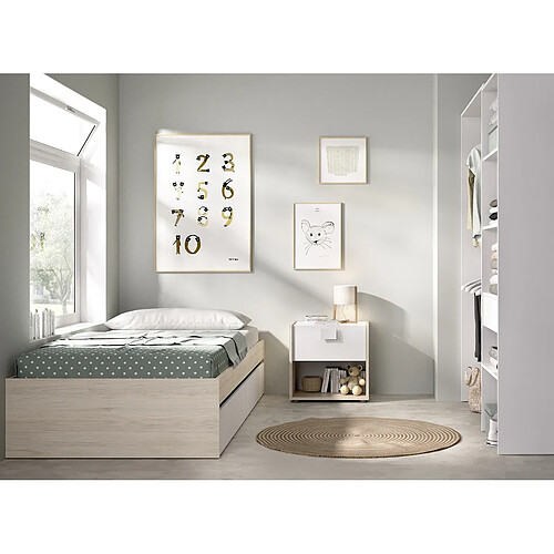 Pegane Ensemble de lit gigogne avec 2 tiroirs + Table de nuit + armoire coloris chêne naturel, blanc