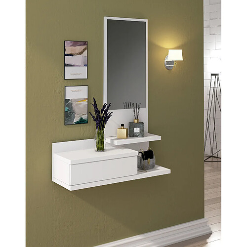 Pegane Meuble d'entrée avec miroir coloris blanc - Longueur 81 x profondeur 29 x hauteur 116 cm