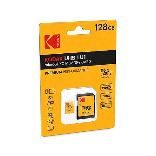 KODAK Micro SDXC 128GB avec Adaptateur - Haute Capacité de Stockage et Performances Rapides - Noir