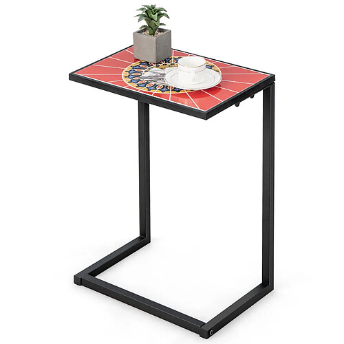 Helloshop26 Table d'appoint extérieure en forme de C plateau en céramique petite table basse en métal antirouille imperméable charge 50 kg pour terrasse balcon 20_0005206