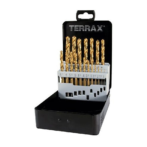 Terrax A250214T Coffret de forets hélicoïdaux 19 pièces HSS TiN Coffret acier (Import Allemagne)