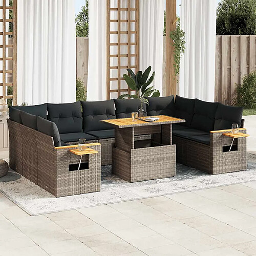 vidaXL Salon de jardin avec coussins 10 pcs gris résine tressée acacia