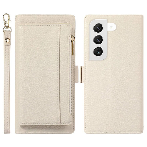 Etui en PU texture litchi, magnétique avec support, pochette à fermeture éclair et sangle pour votre Samsung Galaxy S22 + 5G - blanc