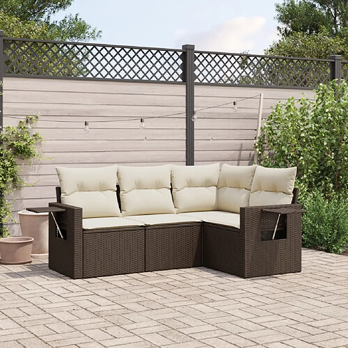 vidaXL Salon de jardin 4 pcs avec coussins marron résine tressée