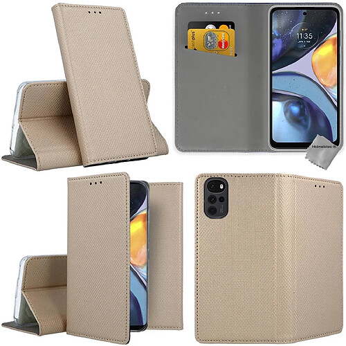 Htdmobiles Housse etui portefeuille avec coque intérieure en silicone pour Motorola Moto G22 / E32 / E32s + film ecran - OR MAGNET