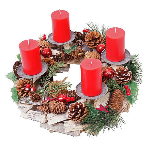 Decoshop26 Couronne de l'Avent décoration de Noël rond en bois Ø 33cm avec 4x bougies rouges 04_0002556