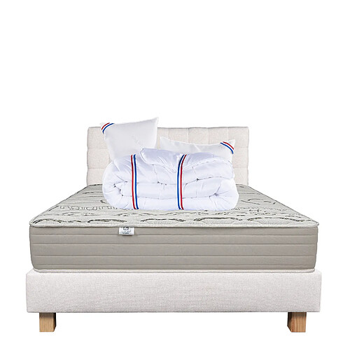 LUXURY LITERIE Ensemble matelas OrganicCoton 140x190 cm + sommier beige ep20cm + 2 oreillers + couette + Tête de Lit