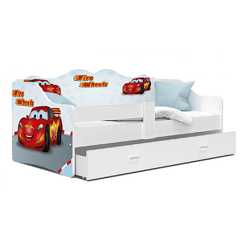 Kids Literie Lit Banquette Neli Cars 80x160 Blanc Livré avec sommiers, tiroir et matelas en mousse de 7cm