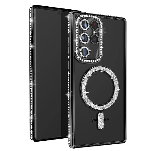 Avizar Coque Diamant pour Samsung Galaxy S23 Ultra MagSafe Contour Strass Noir