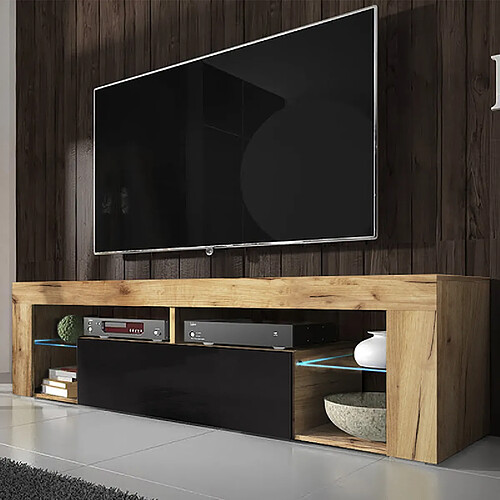 Selsey Meuble tv - BIANKO - 140 cm - chêne lancaster / noir brillant - avec LED