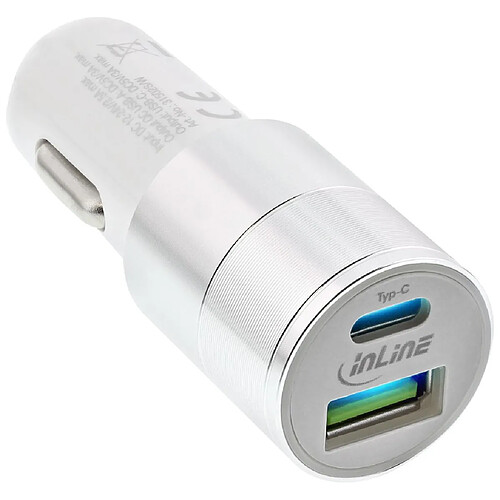 Adaptateur secteur de chargeur de voiture USB InLine® Charge rapide 3.0, 12 / 24VDC - 5V CC / 3A, USB-A + USB Type-C, blanc