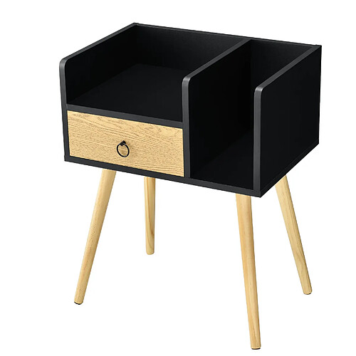 Helloshop26 Table de nuit avec tiroir et 2 surfaces de stockage chevet commode panneau de particule bois pieds en pin 64x50x36 cm noir effet bois 03_0004230