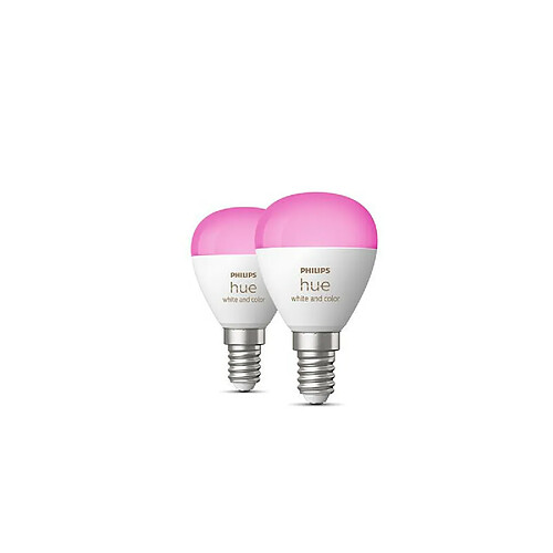 Pack de 2 ampoules connectées Sphérique Philips Hue White et Color Ambiance P45 E14 5,1 W Blanc