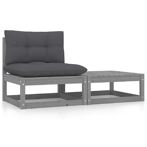 vidaXL Salon de jardin 2 pcs avec coussins Gris Bois de pin massif