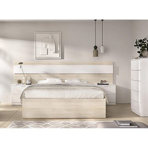 Pegane Tête de lit avec 2 tables de chevet , Structure de lit 140x190 cm et commode avec 5 tiroirs coloris chêne naturel, blanc