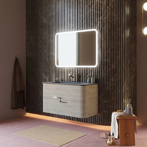 Kiamami Valentina ARMOIRE DE TOILETTE MURALE 100 CM CHÊNE ARCTIQUE NOIR RÉSINE LAVABO | HOLLYWOOD