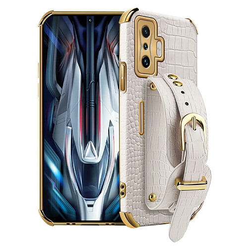 Coque en TPU + PU galvanoplastie, texture crocodile, découpe précise avec béquille en dragonne blanc pour votre Xiaomi Redmi K50 Gaming