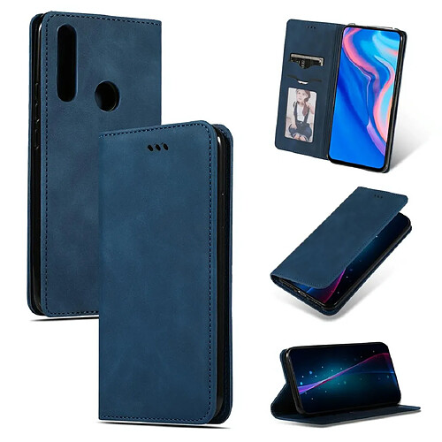 Wewoo Housse Coque Étui en cuir à rabat horizontal magnétique pour peau de rétro Huawei P Smart Z bleu marine