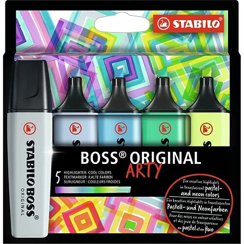 Newtons Surligneur - STABILO BOSS ORIGINAL - Etui Carton ARTY x 5 Surligneurs - Couleurs Froides - Gamme ARTY