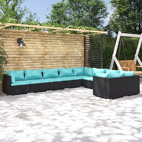 vidaXL Salon de jardin 9 pcs avec coussins Résine tressée Noir