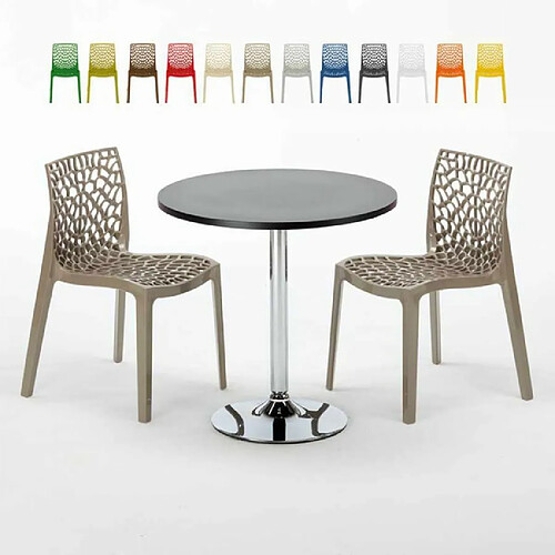 Grand Soleil Table Ronde Noir et 2 Chaises Colorées P