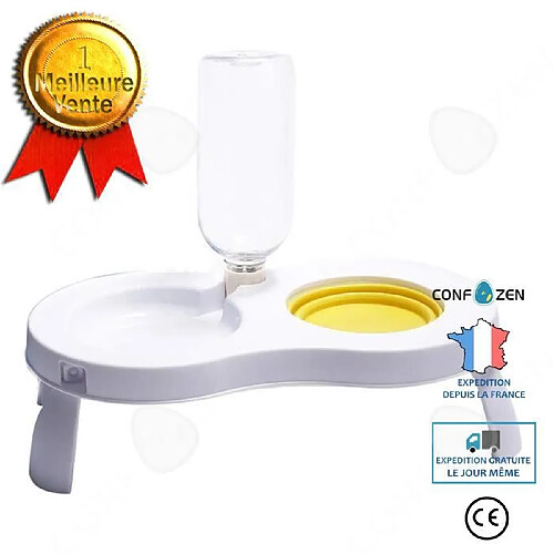 CONFO 1pc 2 en 1 Distributeur avec Gamelle Domestique Portable et Bouteille Automatique d'eau Disque Blanc pour Chat et Chien Jaune