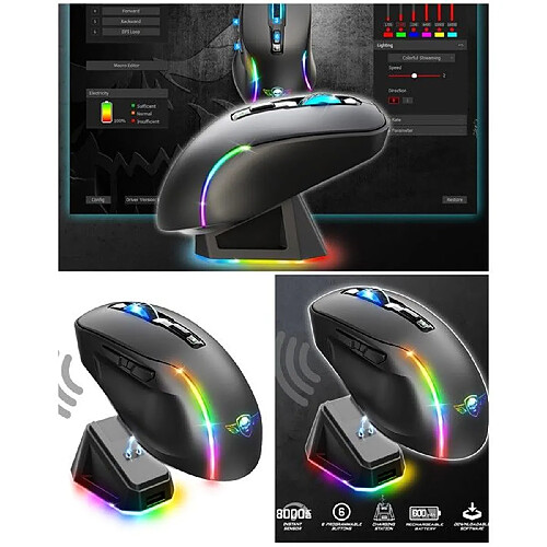 Spirit of Gamer Souris Sans fil NOIRE M50 2.4ghz 8000DPI 6 BOUTONS RGB rechargeable + station de charge élégante RGB