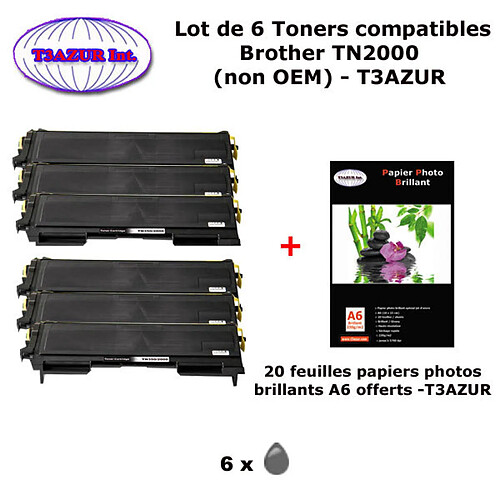 6 Toners compatibles TN2000, TN2005 pour imprimante Brother HL 2020 2030 2032 2035 2037 2040 2050 20+ 20f A6 brillants - T3AZUR