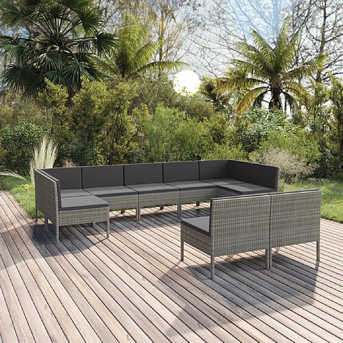 vidaXL Salon de jardin 9 pcs avec coussins Résine tressée Gris