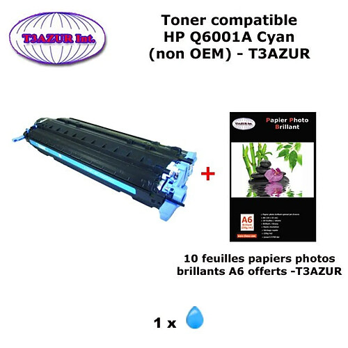 Toner générique HP Q6001A pour HP LaserJet 1600, 2600, 2600N Cyan + 10f papiers photos A6 -T3AZUR