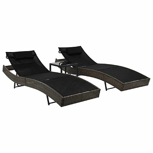 vidaXL Chaise longue 2 pcs et table Résine tressée et textilène Marron