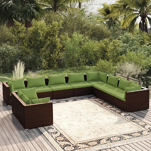 vidaXL Salon de jardin 10 pcs avec coussins Marron Résine tressée