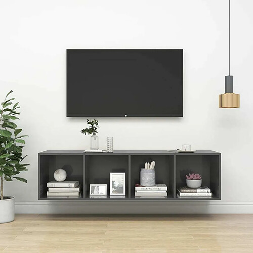 Maison Chic Meuble TV scandinave mural Banc TV suspendu pour salon - Gris brillant 37x37x142,5 cm Aggloméré -MN46526