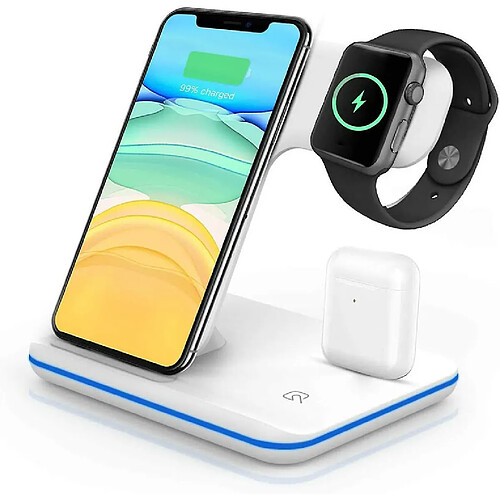 Chrono Chargeur sans fil, 3 en 1 Qi 15W Support de charge rapide sans fil pour Airpods Apple Watch, Station de charge sans fil pour iPhone 12/11/11 Pro/11Pro Max/XS Max/XR Galaxy Note 10+/S10+ Huawei P30 Pro,(blanc)