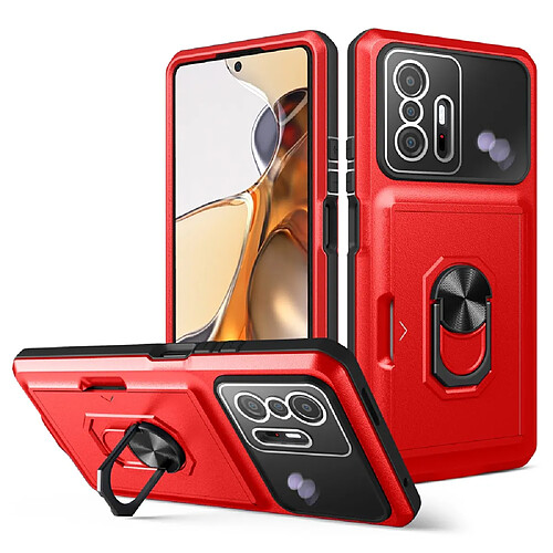 Coque en TPU + acrylique avec béquille et porte-carte, rouge/noir pour votre Xiaomi 11T/11T Pro