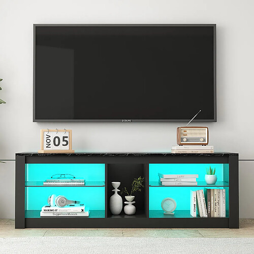 RAVAS Meuble TV LED avec 16 couleurs en verre pour salon et chambre - 140 x 35 x 47cm - Noir