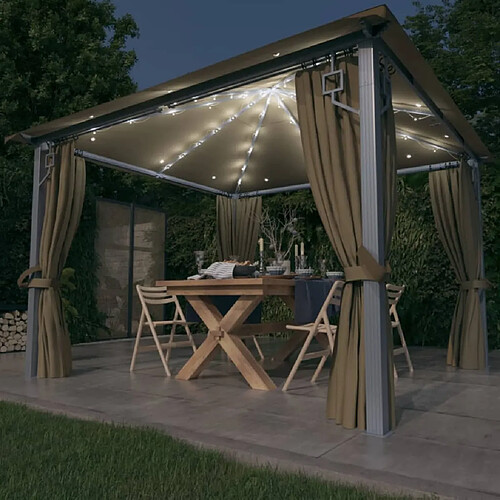 Maison Chic Tonnelle | Pergola avec rideau et lumières LED 3x3 m Taupe Aluminium -GKD22304