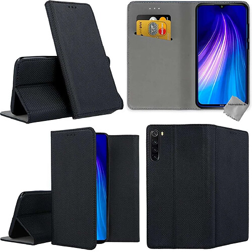 Htdmobiles Housse etui portefeuille avec coque intérieure en silicone pour Xiaomi Redmi Note 8 (2021) + verre trempe - NOIR MAGNET