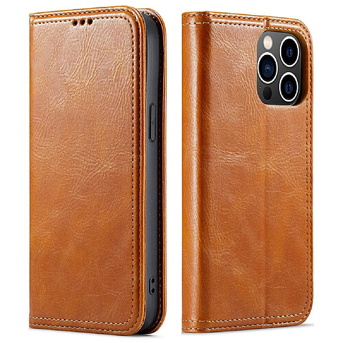 Etui en PU texture rétro, double ligne de couture, anti-chute avec support pour votre iPhone 14 Pro - marron