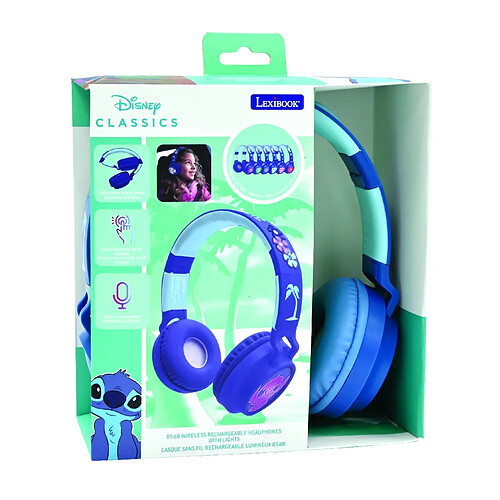 Lexibook Casque lumineux pliable Bluetooth et filaire Stitch avec limitation du volume