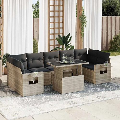 vidaXL Salon de jardin 8 pcs avec coussins gris clair résine tressée