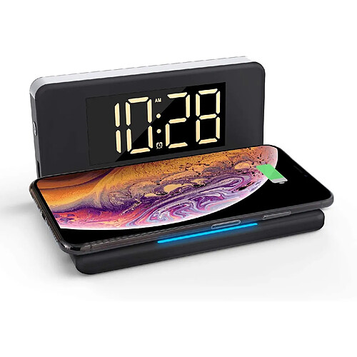 Chrono Réveil numérique avec chargement sans fil Qi, veilleuse de chevet, grand écran LED à gradation avec 4 luminosités, port de chargement USB, compatible avec les AirPods iPhone Samsung,(noir)